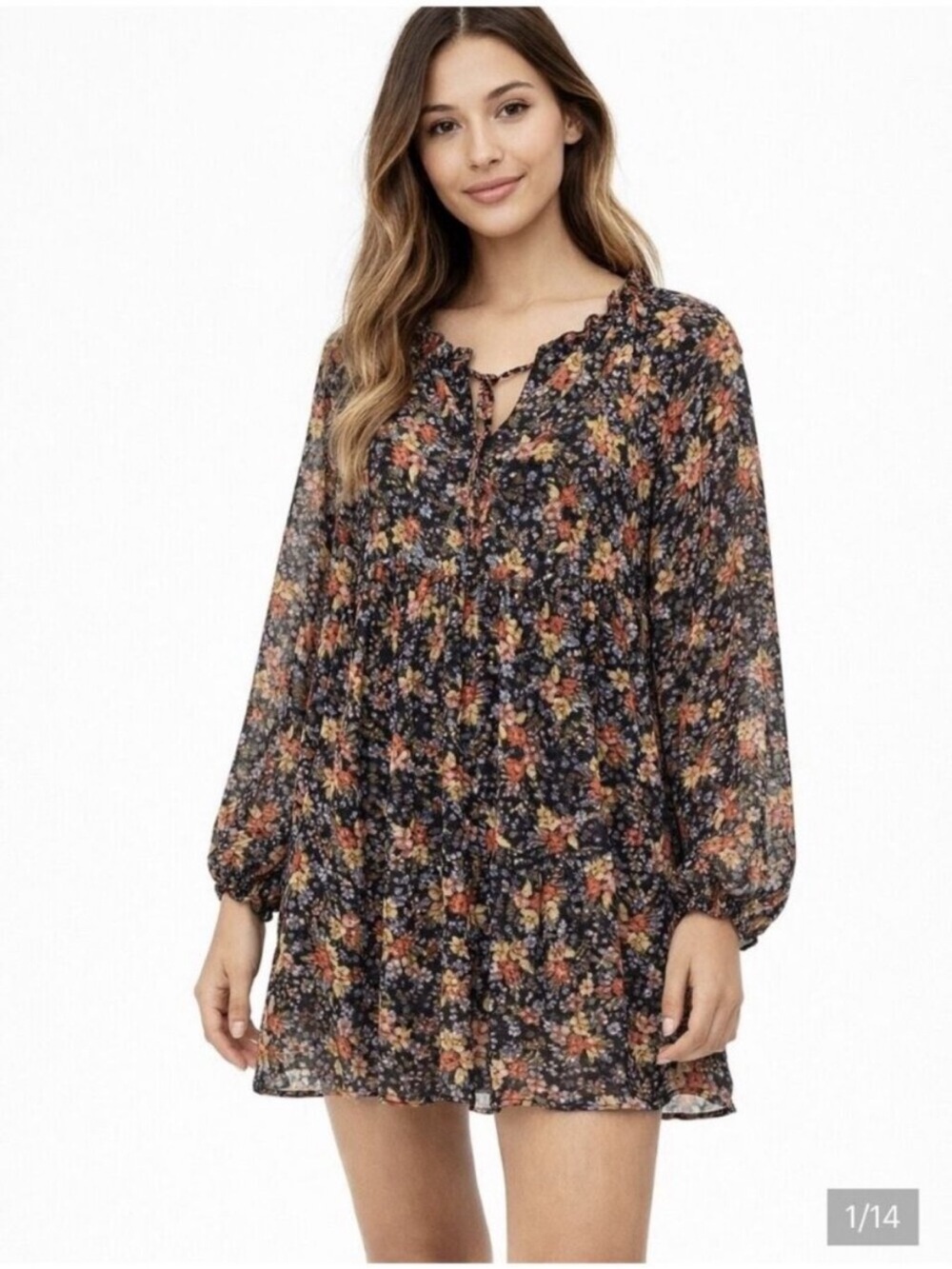 LOFT Black Floral Long-Sleeve Tiered Mini Dress Ruffle Autumn Balloon Sleeve L